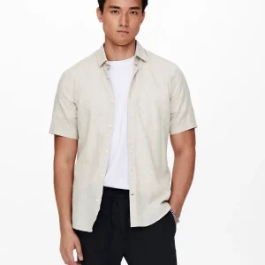 CAMICIA MANICHE CORTE IN MISTO LINO - col. Beige