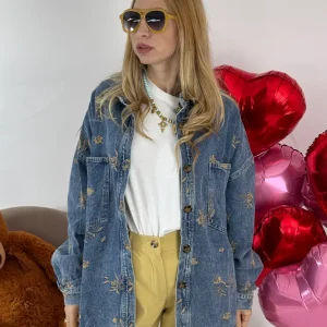 CAMICIONE JEANS FIORI IN RILIEVO