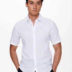 CAMICIA A MANICHE CORTE IN MISTO LINO SLIM FIT - col. Bianco