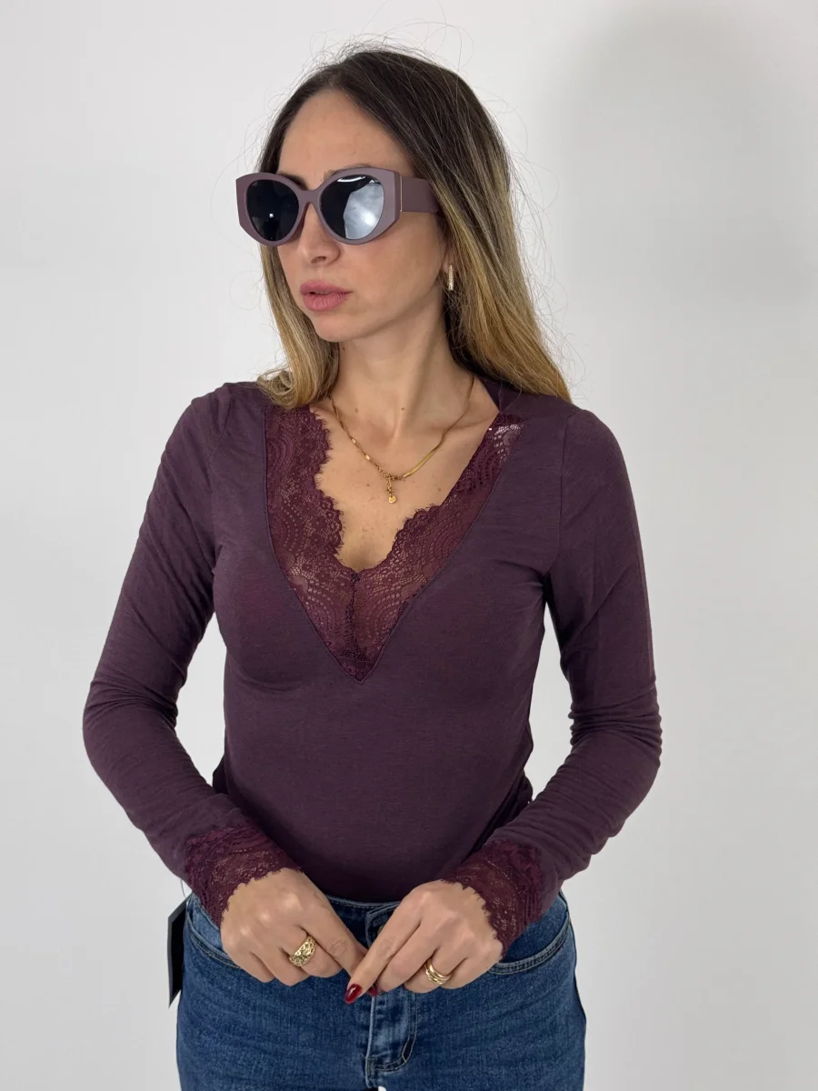 MAGLIA MISTO CASHMERE CON PIZZO PRUGNA - immagine 2