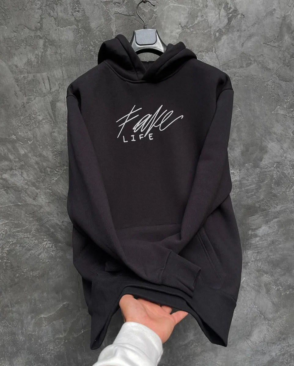 FELPA CON CAPPUCCIO FAKE LIFE BLACK - immagine 5