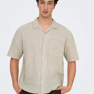 CAMICIA A MANICHE CORTE IN MISTO LINO RELAXED FIT - col. Beige