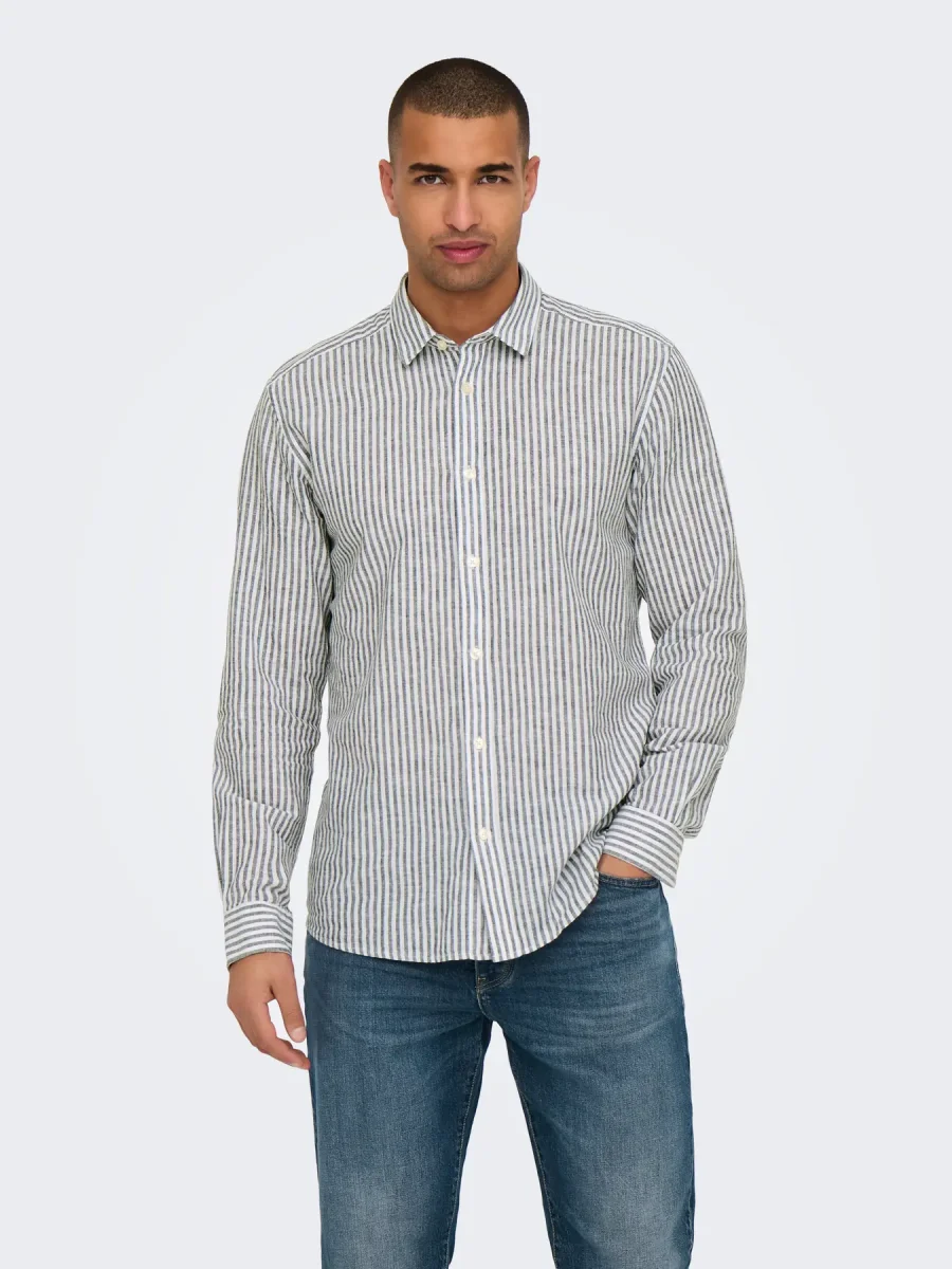 CAMICIA A RIGHE IN MISTO LINO SLIM FIT - col. Dark navy