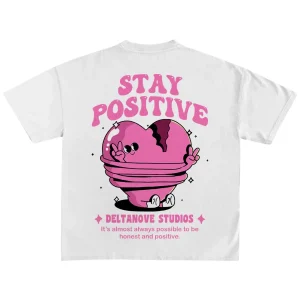 T-SHIRT "STAY POSITIVE" CON STAMPA FRONTE/RETRO - Col. Bianco