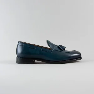 Bruno: Mocassino in Pelle Iron Blu Anticata a Mano con Nappine