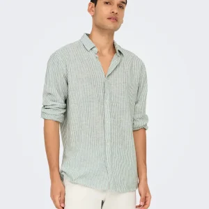 CAMICIA A RIGHE IN MISTO LINO SLIM FIT - col. Verde acqua