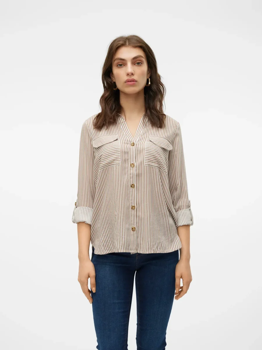 VERO MODA Camicia da donna a righe VMBUMPY - Marrone chiaro