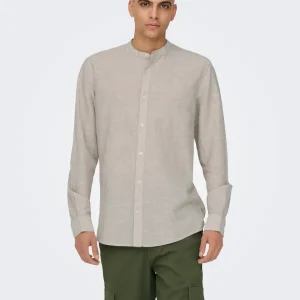 CAMICIA IN MISTO LINO CON COLLO COREANA - col. beige