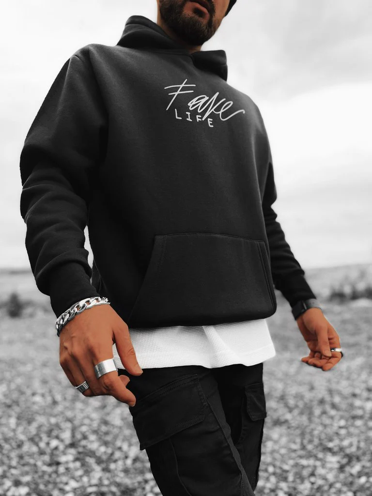 FELPA CON CAPPUCCIO FAKE LIFE BLACK - immagine 7