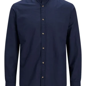 CAMICIA IN MISTO LINO CON COLLO COREANA - Dark Navy