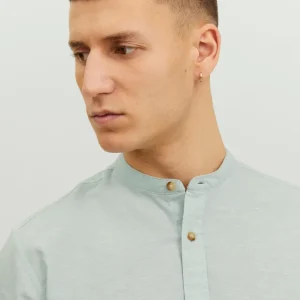 CAMICIA IN MISTO LINO CON COLLO COREANA - col. Granite green