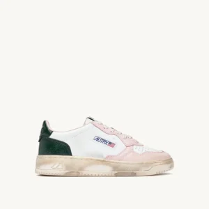 AUTRY Sneakers Super Vintage Low In Pelle Bianca, Verde e Rosa