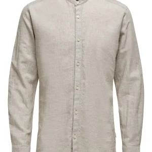 CAMICIA IN MISTO LINO CON COLLO COREANA - col. Chinchilla