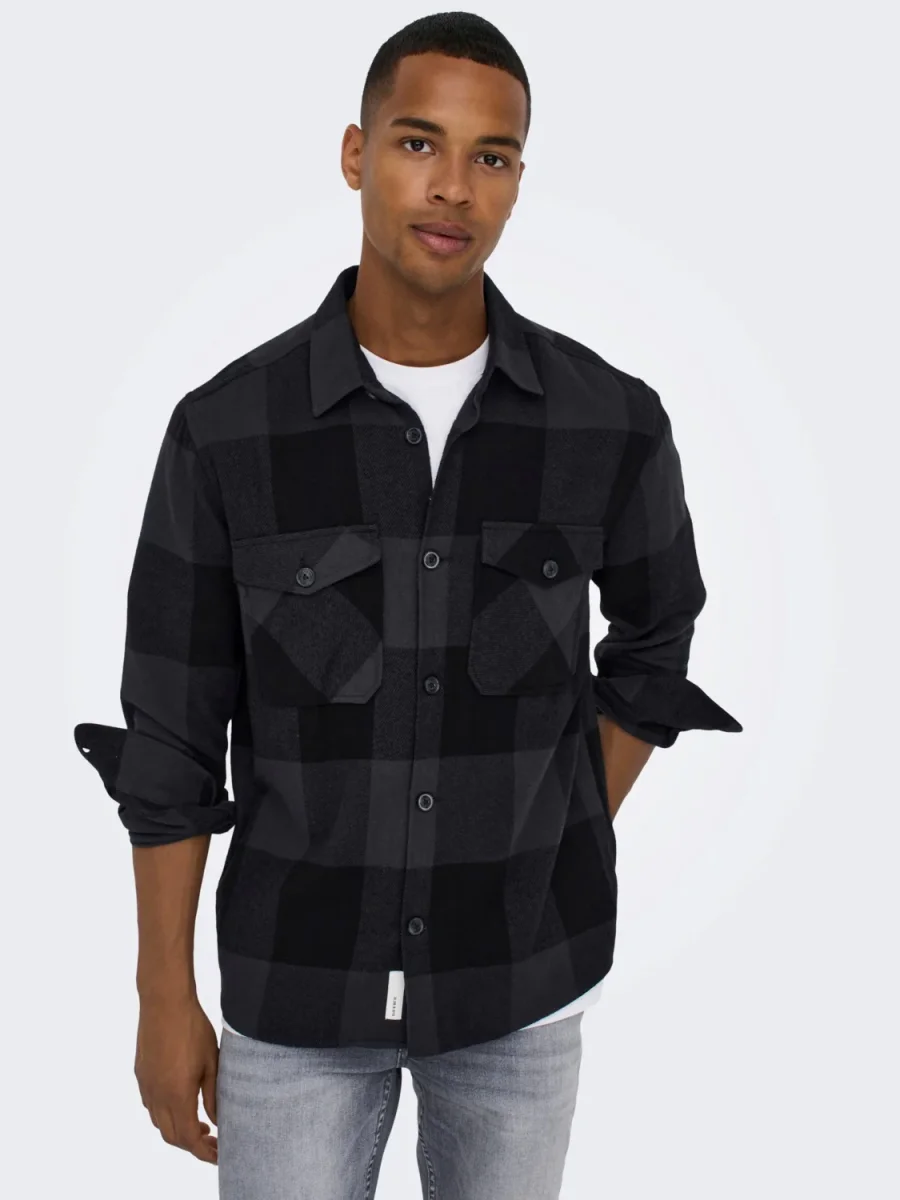 CAMICIA IN FLANELLA A QUADRI CON TASCHE - col. forest night