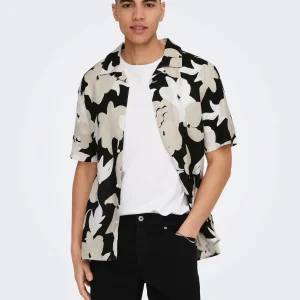 CAMICIA FLOREALE MISTO LINO - Black