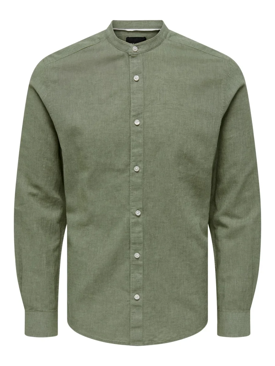 CAMICIA IN MISTO LINO CON COLLO COREANA - col. Swamp - immagine 3