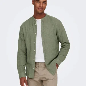 CAMICIA IN MISTO LINO CON COLLO COREANA - col. Swamp