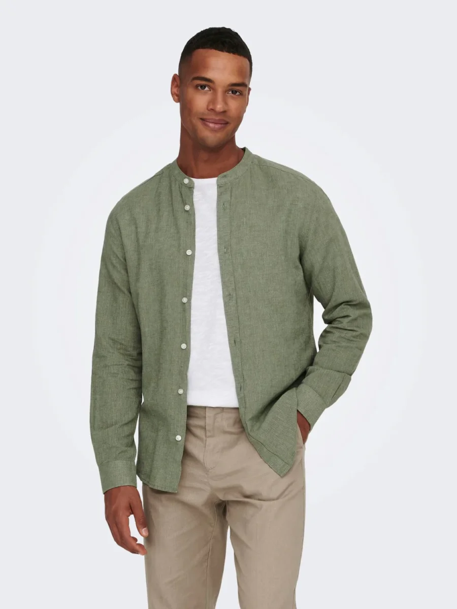 CAMICIA IN MISTO LINO CON COLLO COREANA - col. Swamp