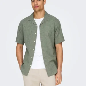 CAMICIA IN MISTO LINO MANICHE CORTE - col. Swamp