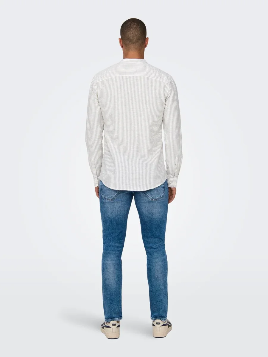 CAMICIA IN MISTO LINO CON COLLO COREANA - col. Beige/bianco - immagine 4