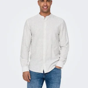 CAMICIA IN MISTO LINO CON COLLO COREANA - col. Beige/bianco