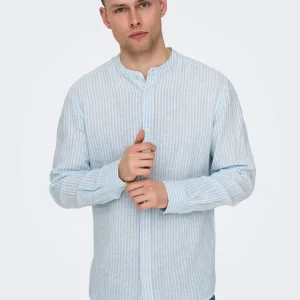CAMICIA IN MISTO LINO CON COLLO COREANA - col. Azzurro/bianco